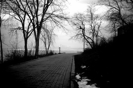 Cleveland in the distance partially shrouded in fog.